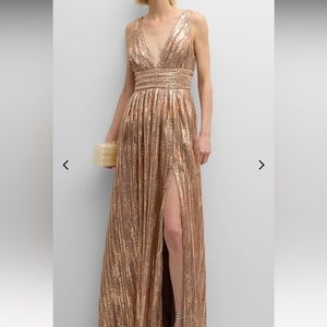 Liv Foster Deep V-Neck Metallic Foil Gown - Rose Gold